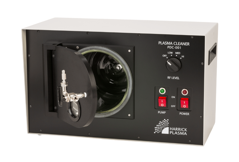 Harrick Plasma High Power Expanded Plasma Cleaner front view with viewing window and large Pyrex chamber