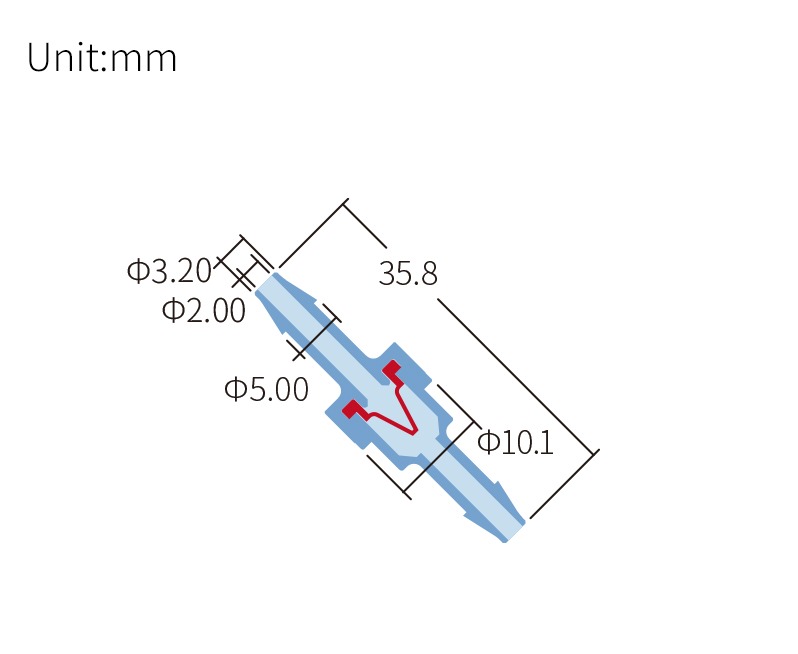 Technical drawing of check valve, barbed end 1/8 inch, compatible tubing ID 2.5–4.0 mm, SKU DM-VA-001
