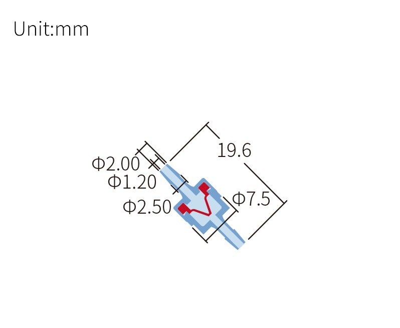 Technical drawing of check valve, barbed end 1/16 inch, compatible tubing ID 1.0–1.6 mm, SKU DM-VA-003